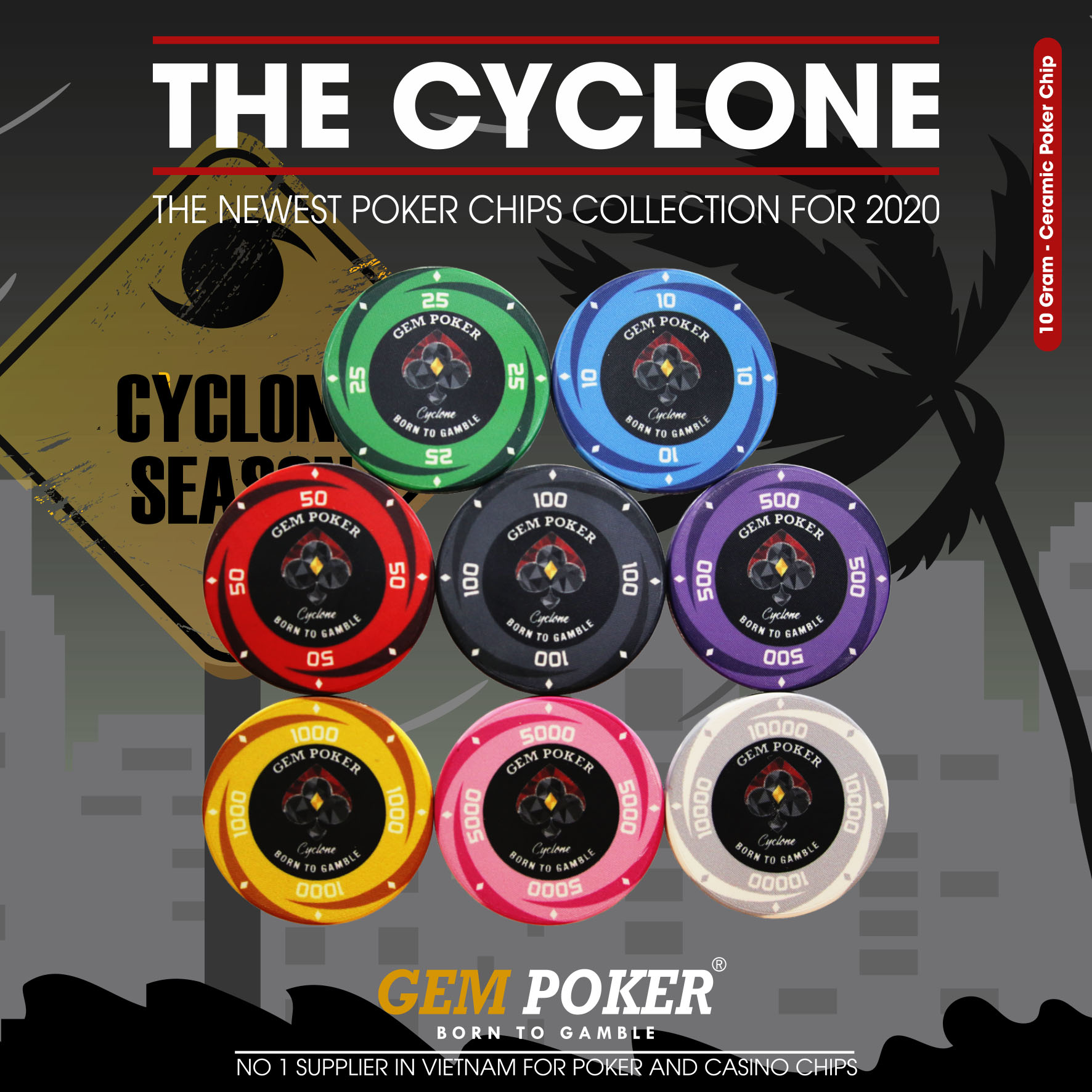 VALI GỖ 500 CHIP POKER CERAMIC CYCLONE CAO CẤP