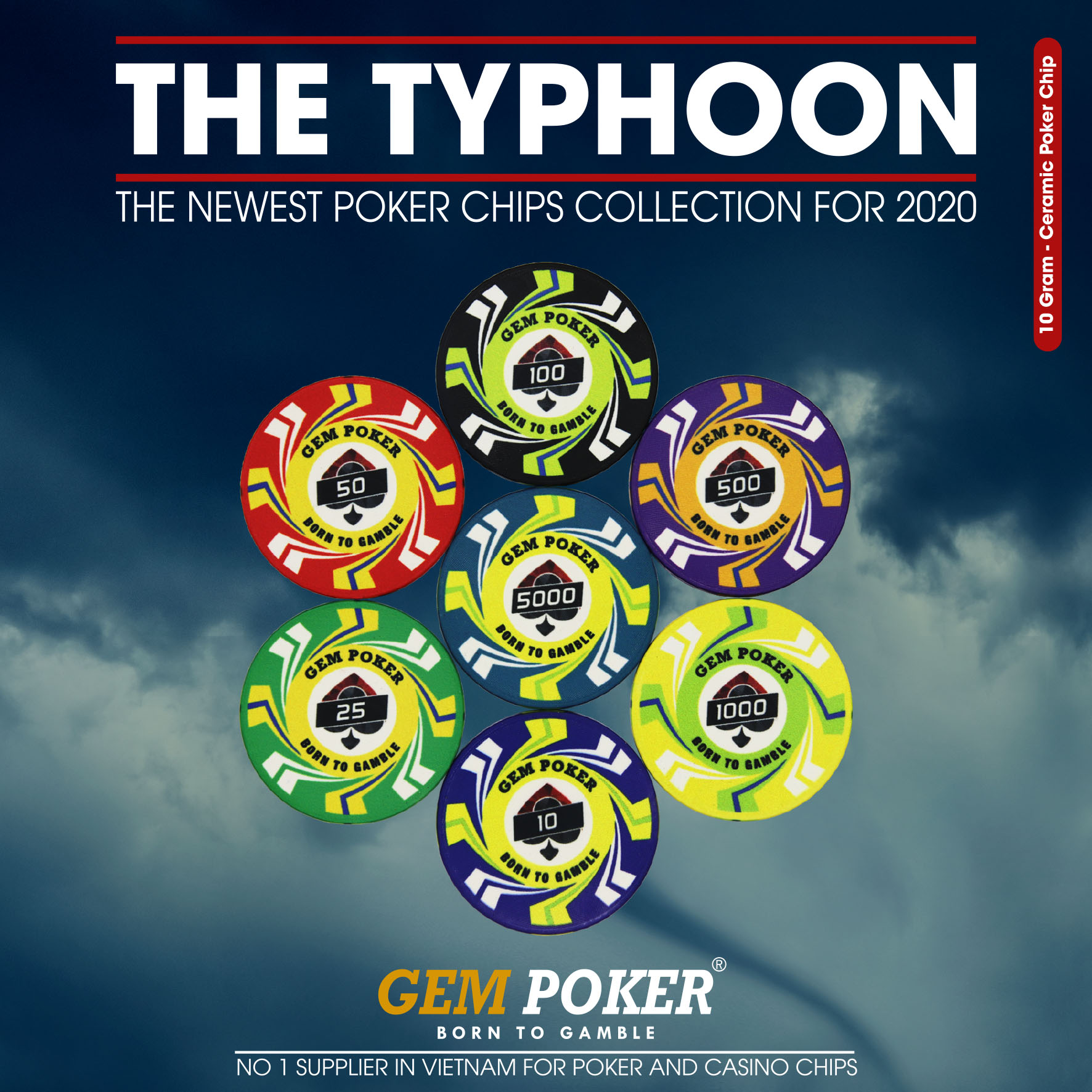 VALI GỖ 500 CHIP POKER CERAMIC TYPHOON CAO CẤP