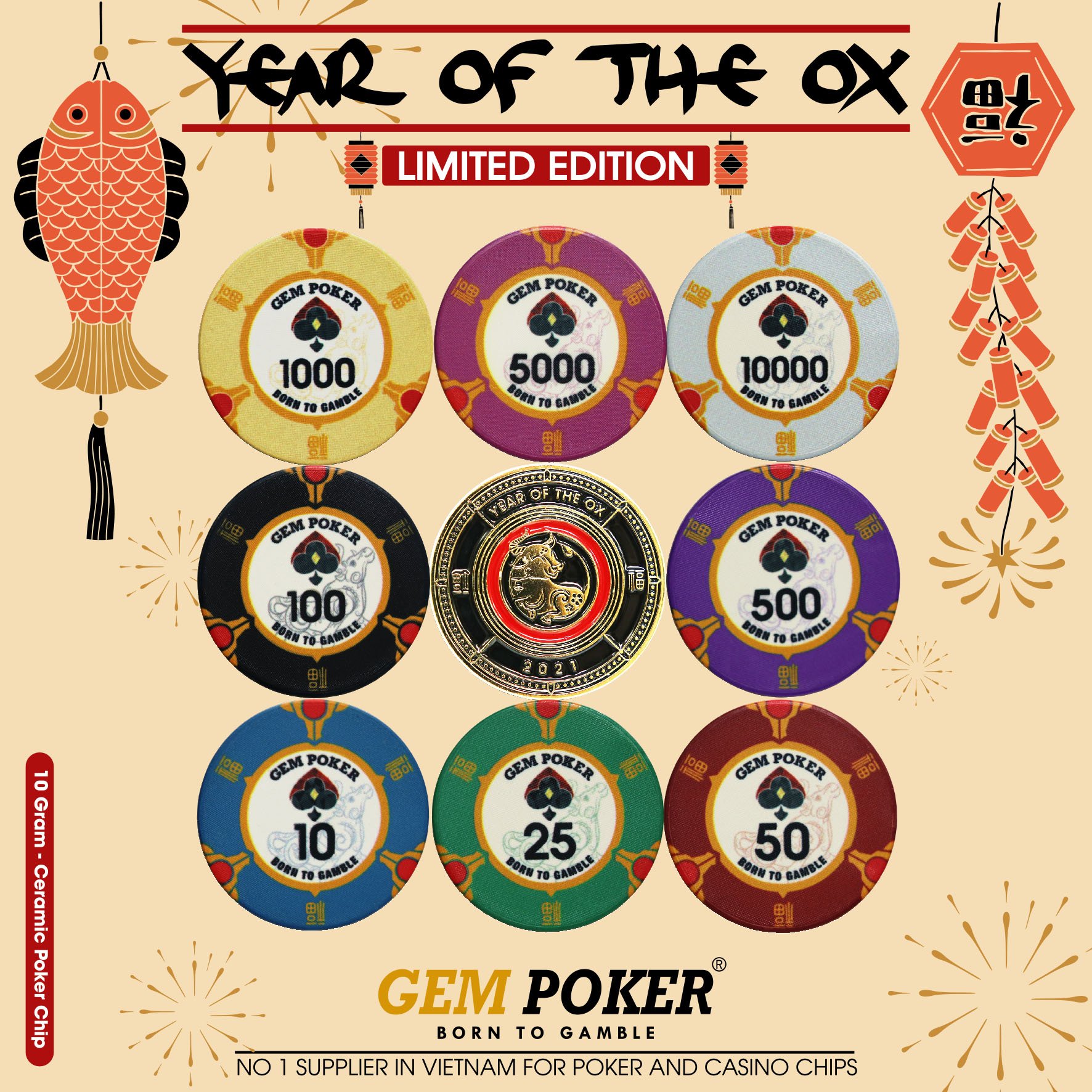 VALI 500 CHIP POKER SỨ CERAMIC YEAR OF THE OX