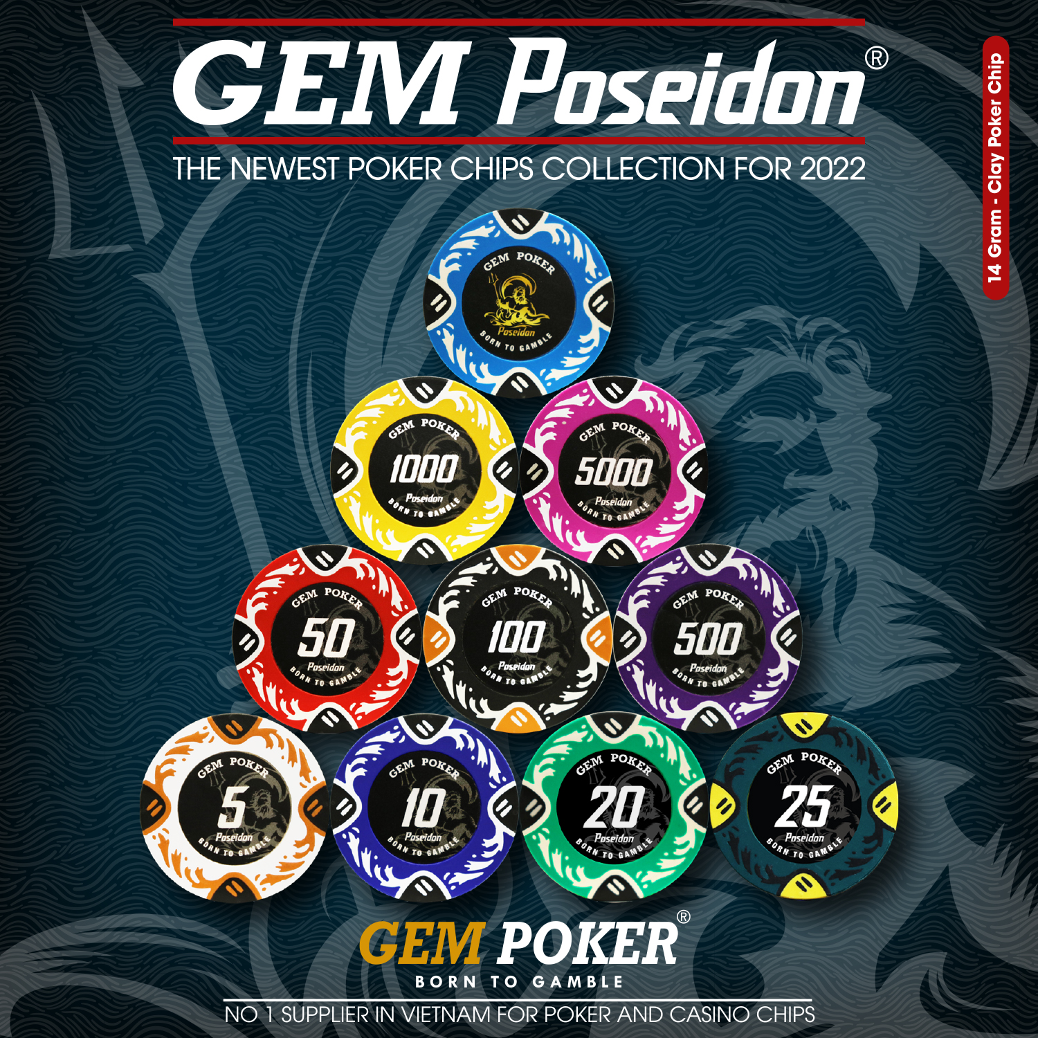 SET 200 CHIP POKER POSEIDON CLAY 3 TONES