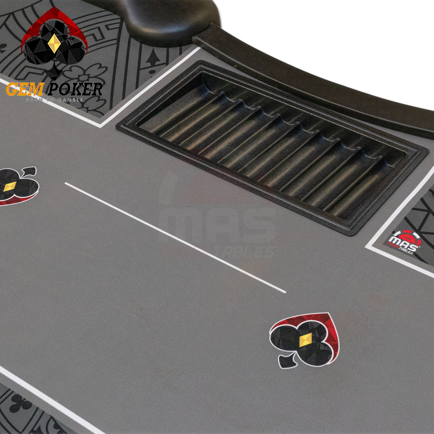 Dealer Zone Bàn Poker – Chuẩn Thi Đấu Khu vực chia bài chuyên dụng trên bàn poker đen viền trắng, logo GEMPOKER