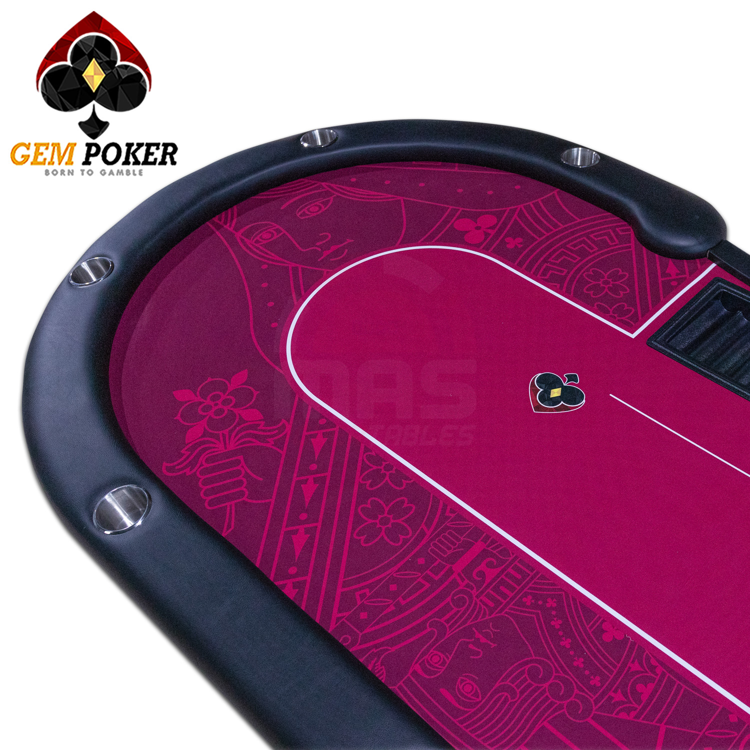 Góc bàn poker bo cong mềm mại, họa tiết đỏ tím sang trọng