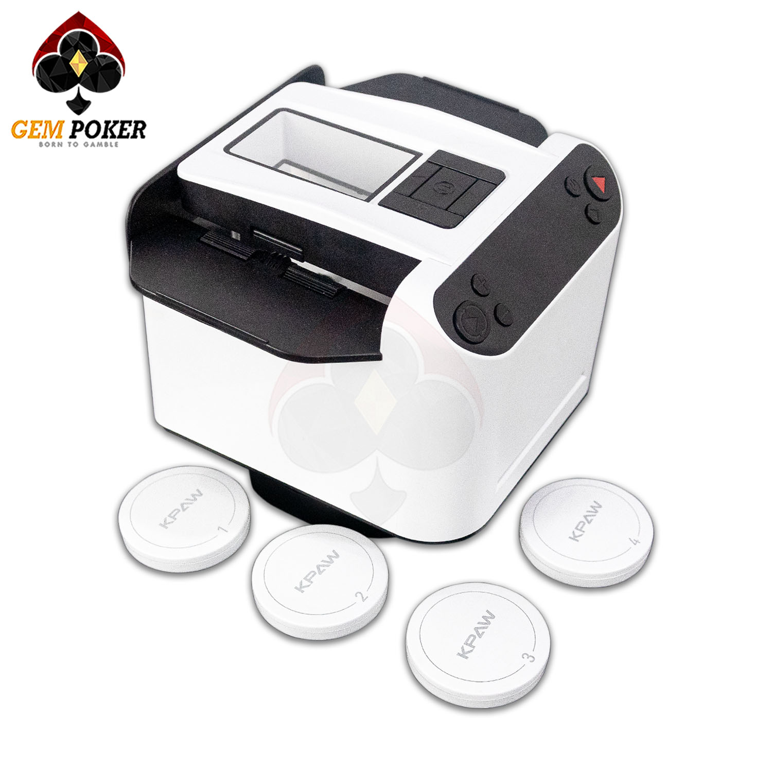 Máy chia bài SPINDEALER 2in1 chính diện màu trắng, tích hợp nút điều khiển tiện dụng