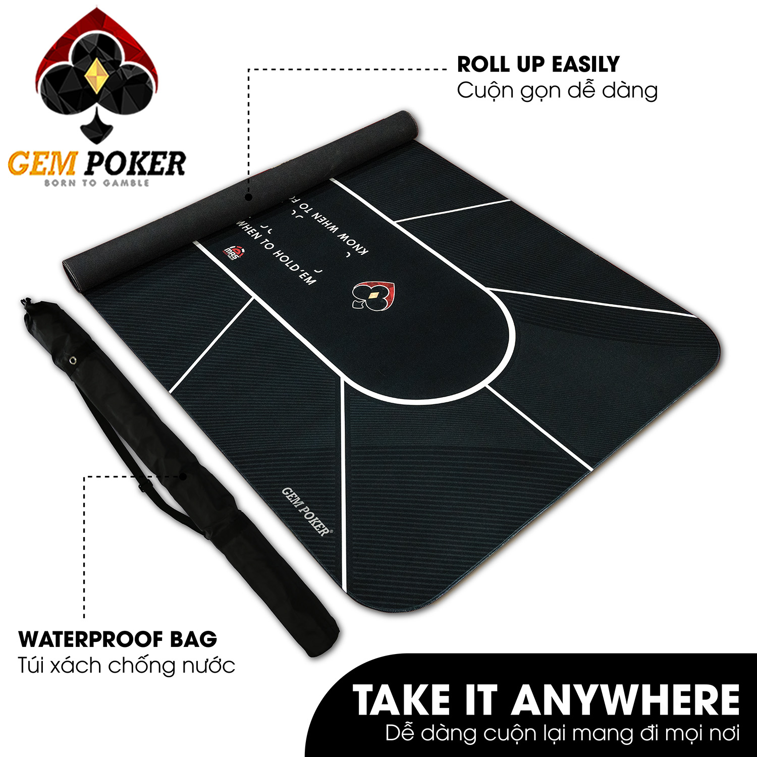Thảm poker size lớn thương hiệu GEMPOKER, cuộn gọn dễ dàng, chất liệu cao su non, chống nước, có túi xách kèm theo