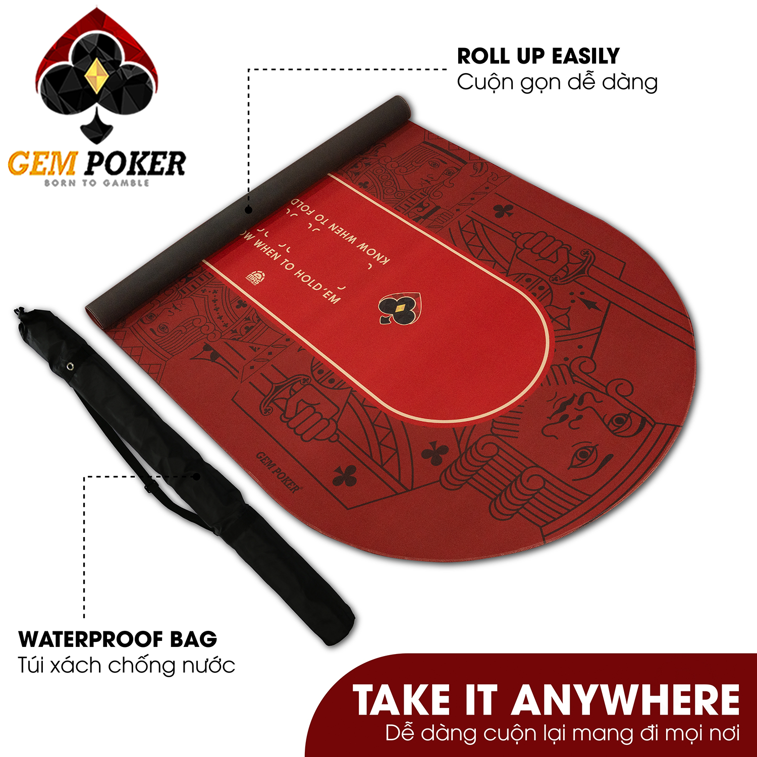 Thảm Poker Size Lớn GEMPOKER - Cuộn Gọn, Chống Nước, Kèm Túi Xách Thảm poker size lớn thương hiệu GEMPOKER, cuộn gọn dễ dàng, chất liệu cao su non, chống nước, có túi xách kèm theo